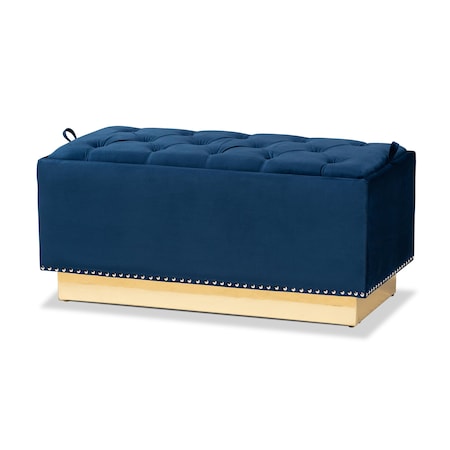 Baxton Studio Powell Glam and Luxe Navy Blue Velvet Fabric and Gold PU Leather Storage Ottoman 175-11238-Zoro